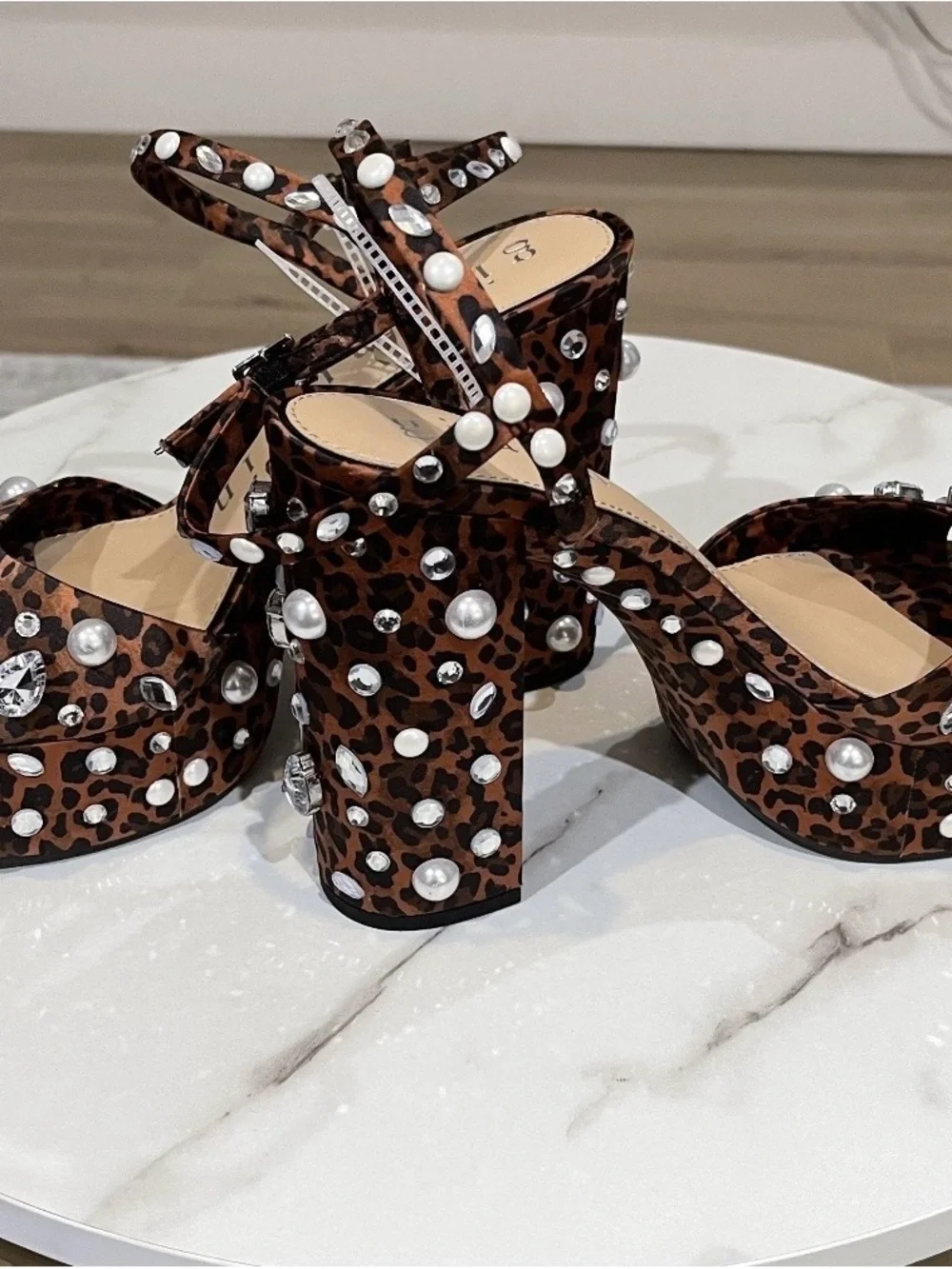 Gianni Bini Leopard Print Platform Sandals with Pearls & Crystals - Brown/Black